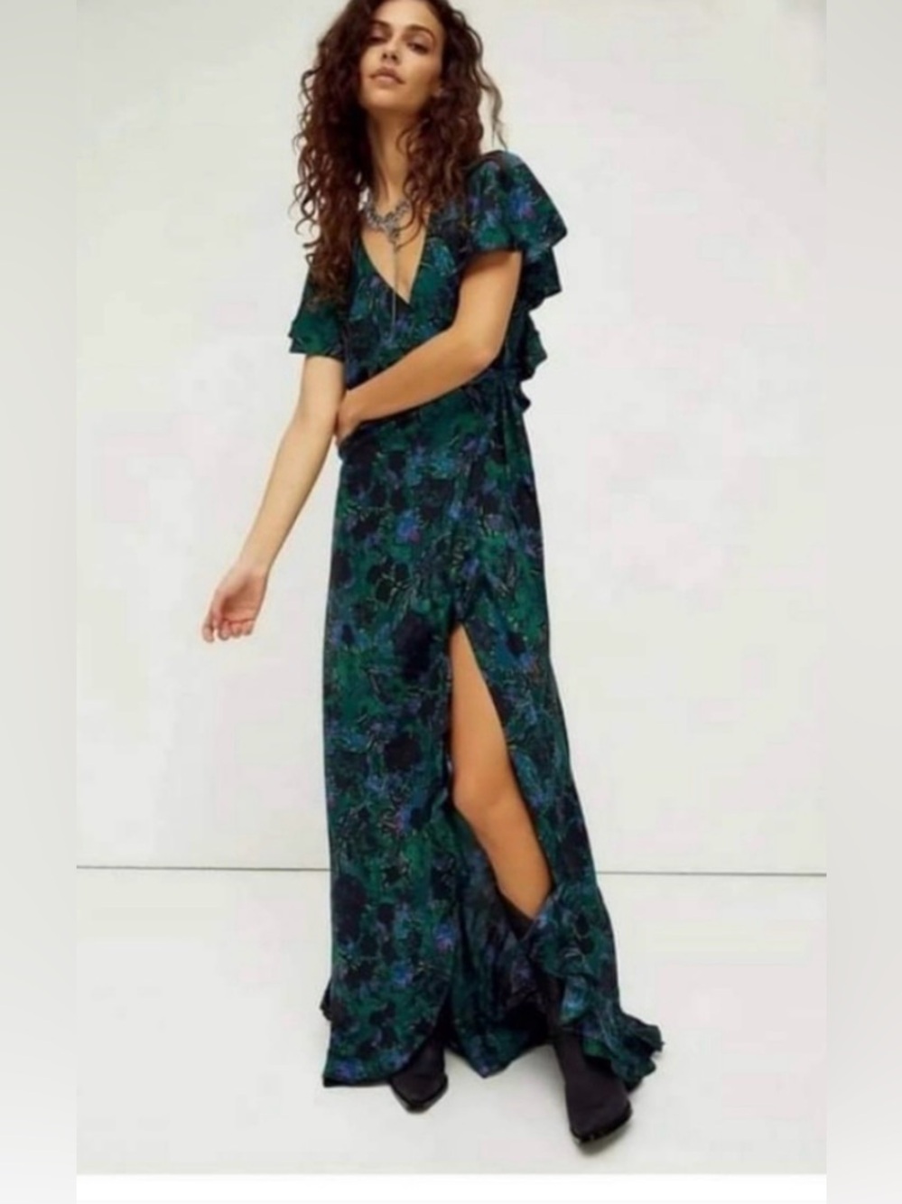 Free People Josephine Maxi Wrap Dress Green Floral Medium 100% Silk